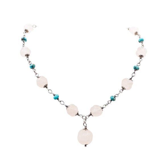 Vintage Floral Carved Rose Quartz & Turquoise Beaded Sterling Silver Necklace 16 - Picture 2 of 5
